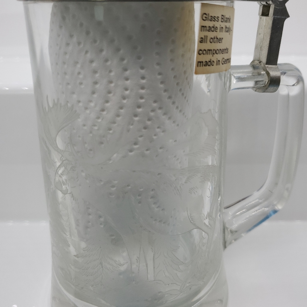 Vintage DOMEX ETCHED GLASS BEER STEIN Stag Deer Pe